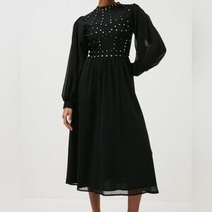 Karen Millen black long sleeved midi dress with studded bodice